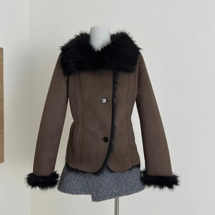 中欧复古调 翻领斜门襟短款修身外套女秋冬