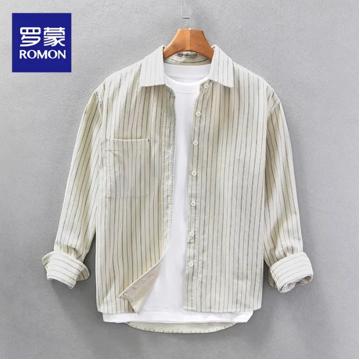 罗蒙秋季韩版条纹男士衬衫长袖翻领休闲百搭上衣潮流白衬衣外套