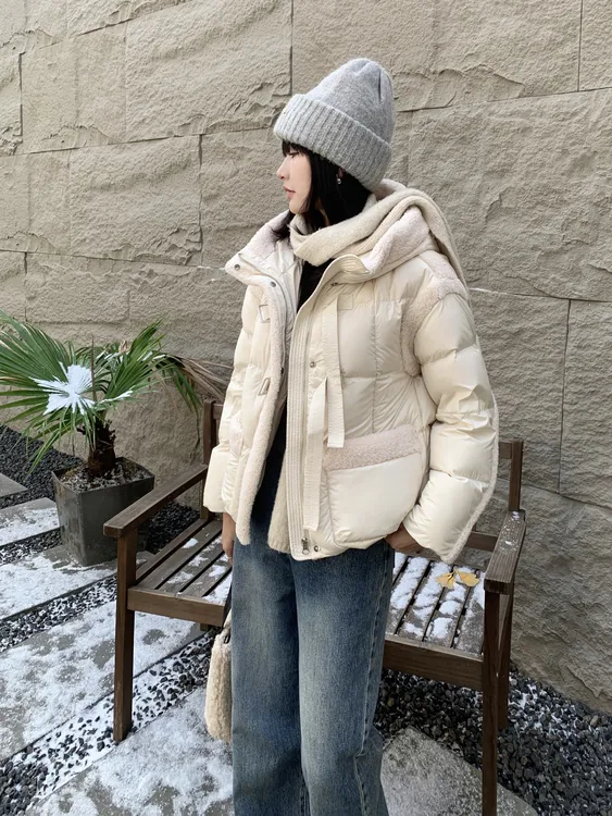 连帽拼接羽绒服时尚减龄法式短外套 5冬季女士加厚外套86265