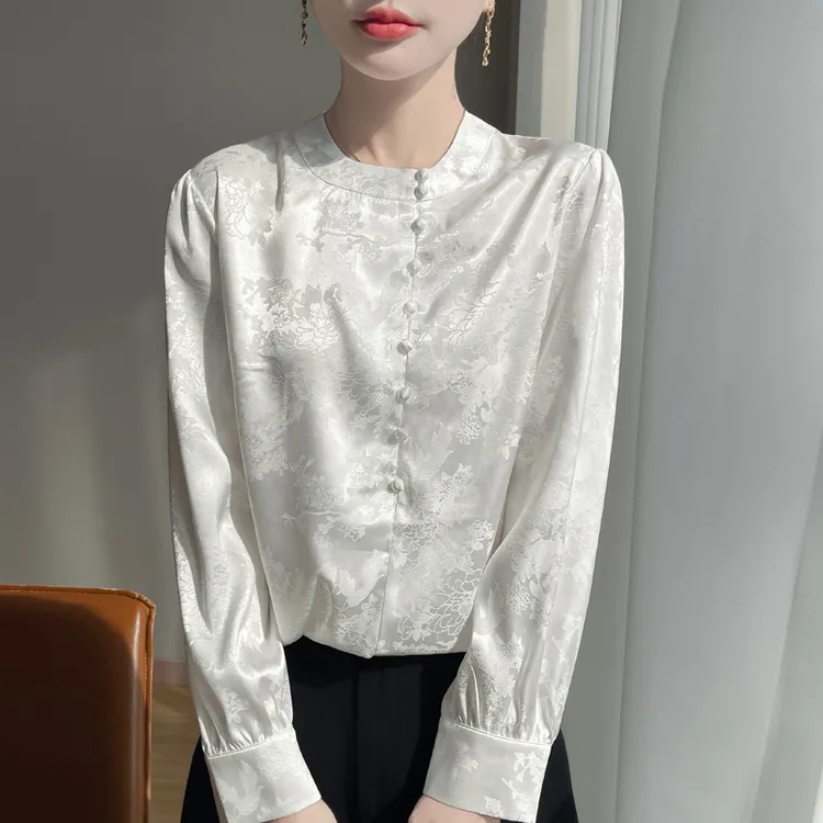 轻国风白色时尚衬衫女职场穿搭春季长袖立领衬衣中式印花通勤上衣