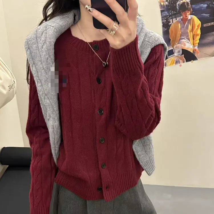 秋冬小马刺绣圆领100%纯羊毛开衫女宽松慵懒麻花外套针织毛衣上衣