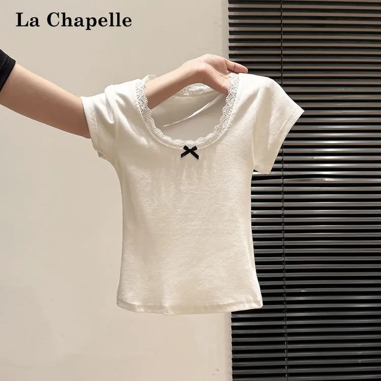 拉夏贝尔甜辣妹纯欲蕾丝花边拼接短袖T恤女夏日气质款修身小上衣