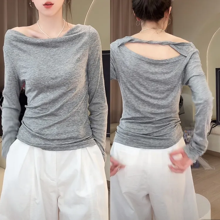 【心机面膜T】早秋新款韩系休闲显瘦时尚后背小心机设计款短上衣服