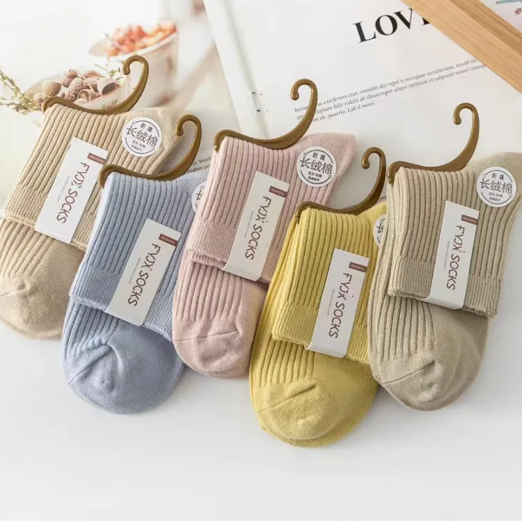 秋冬新品女士纯色复古加厚棉袜透气吸汗中筒袜休闲女