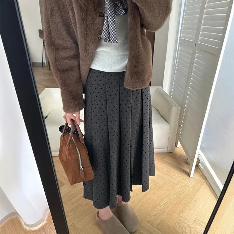 波点毛呢半身裙女秋款大码女装胖mm梨形身材小个子a字中长百褶裙
