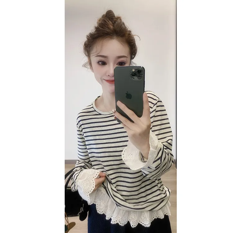 不规则拼接条纹长袖打底T恤女春秋2025年新款蕾丝花边假两件上衣