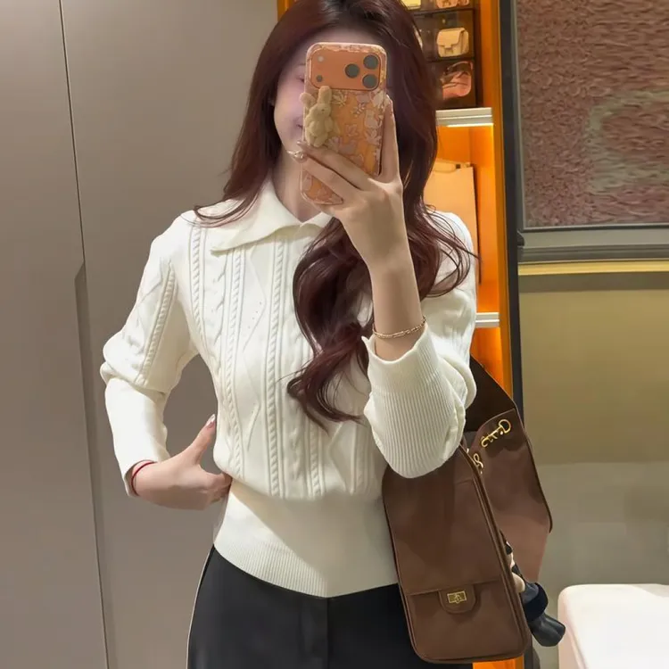 韩系polo领长袖麻花针织衫毛衣女秋冬新款慵懒风气质翻领套头上衣