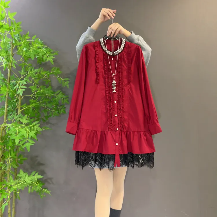 新款时尚气质红色重工蕾丝边设计感洋气轻奢洋气显瘦大码衬衫裙