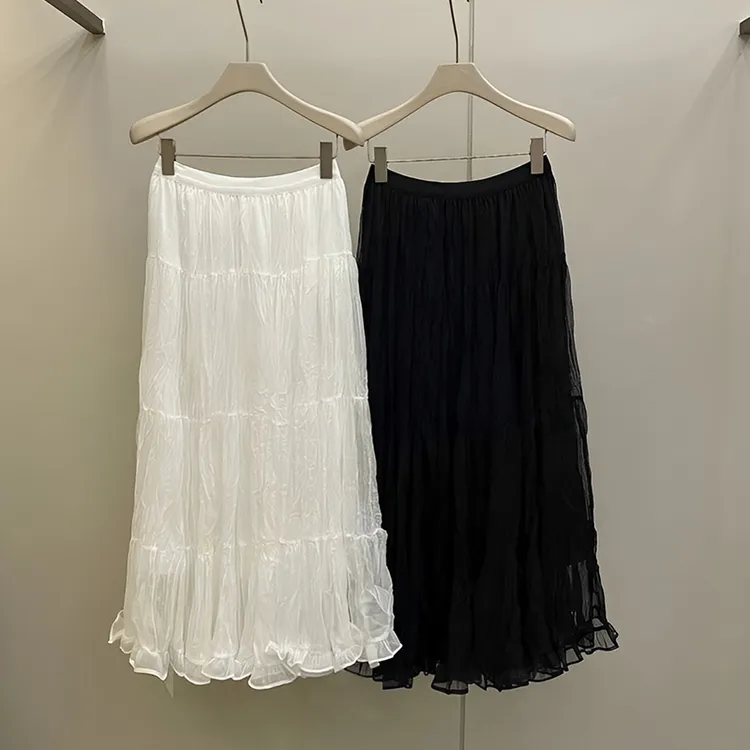 欧货新款女装半身裙压褶肌理感显瘦网纱裙宽松百搭松紧高腰蛋糕裙