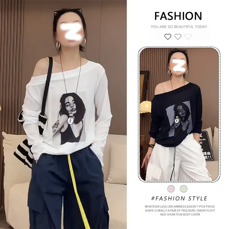 设计感人物印花长袖防晒T恤女夏季2025新款小个子减龄宽松ins上衣