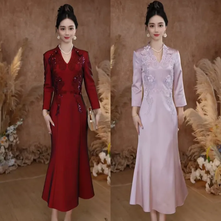 酒红色鱼尾礼服中长款平时可穿设计师小众优雅气质宴会生日连衣裙