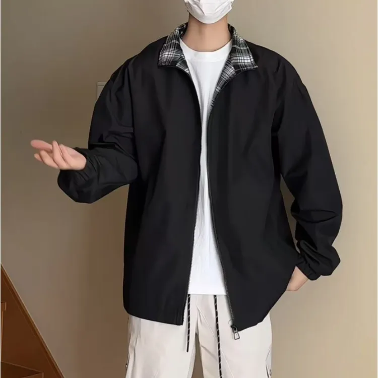 拼色格子老钱风运动夹克春秋季宽松休闲情侣上衣美式情侣男生外套