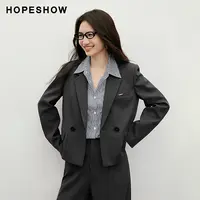 红袖2025秋女装 金属标双排扣正肩翻驳领短款西装外套90125282201