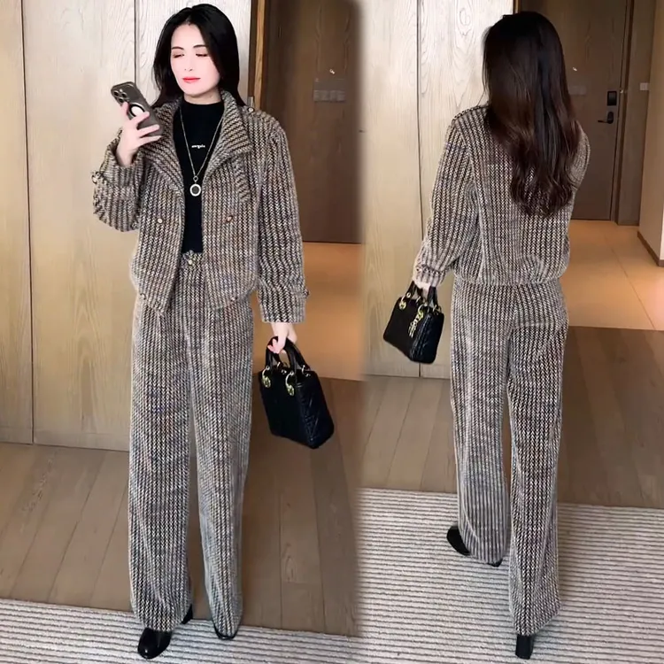 La babite时尚套装女2025秋新款加厚小香风短外套阔腿裤两件套