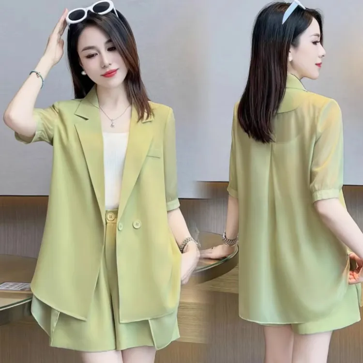 高级感薄款时尚西服套装女短袖小西装2025夏季新款冰丝短裤两件套