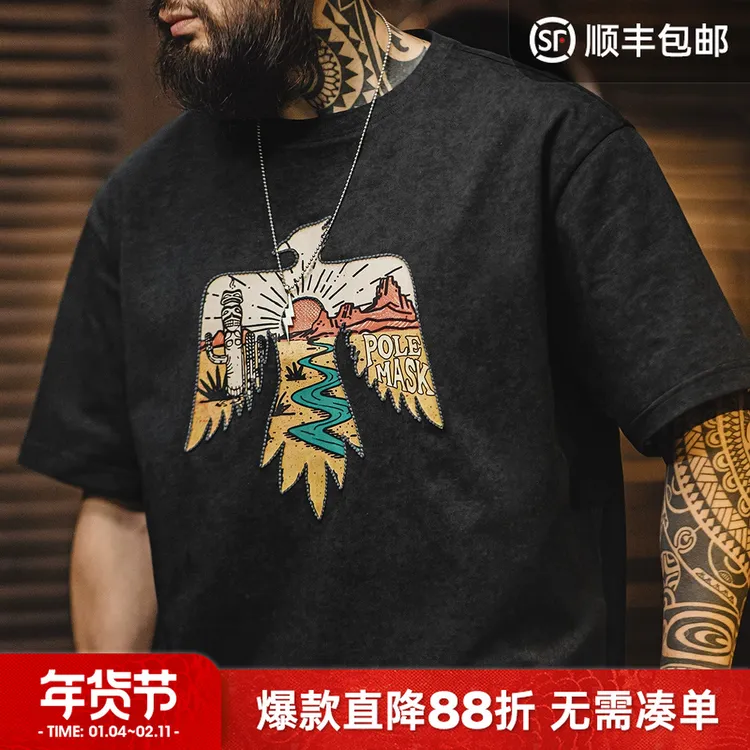 马登工装美式复古印第安雷鸟T恤棉重磅民族风刺绣印花短袖男夏季