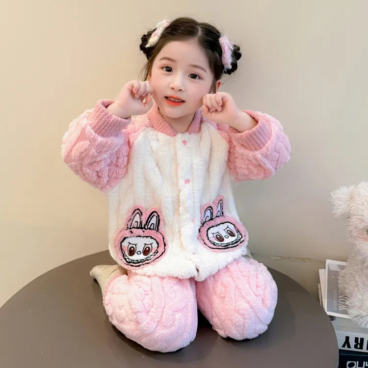 女童法兰绒睡衣2025新款秋冬儿童珊瑚绒家居服女宝宝加厚保暖套装