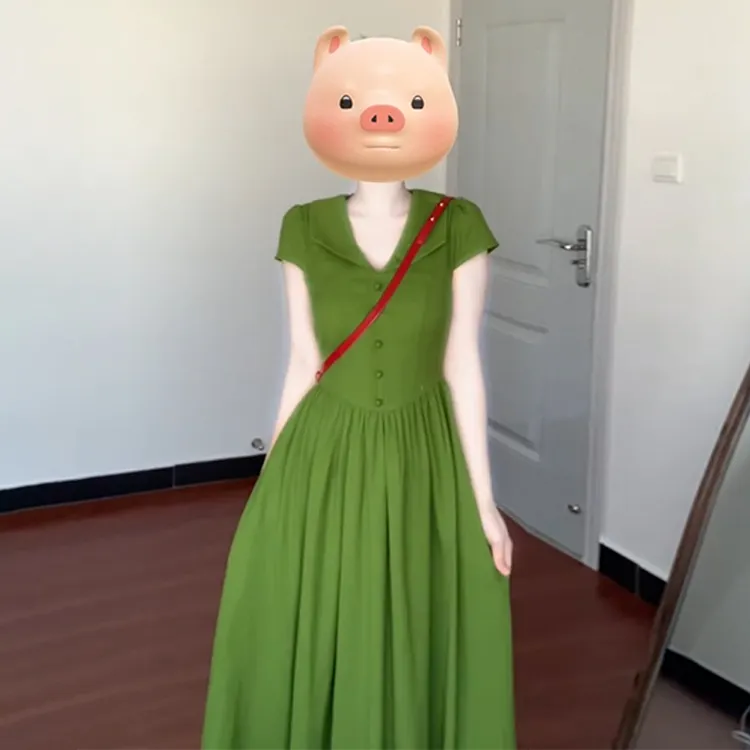 【现货+运贴5米】绿色连衣裙子女夏季2025新款微胖掐腰夏日长裙3528