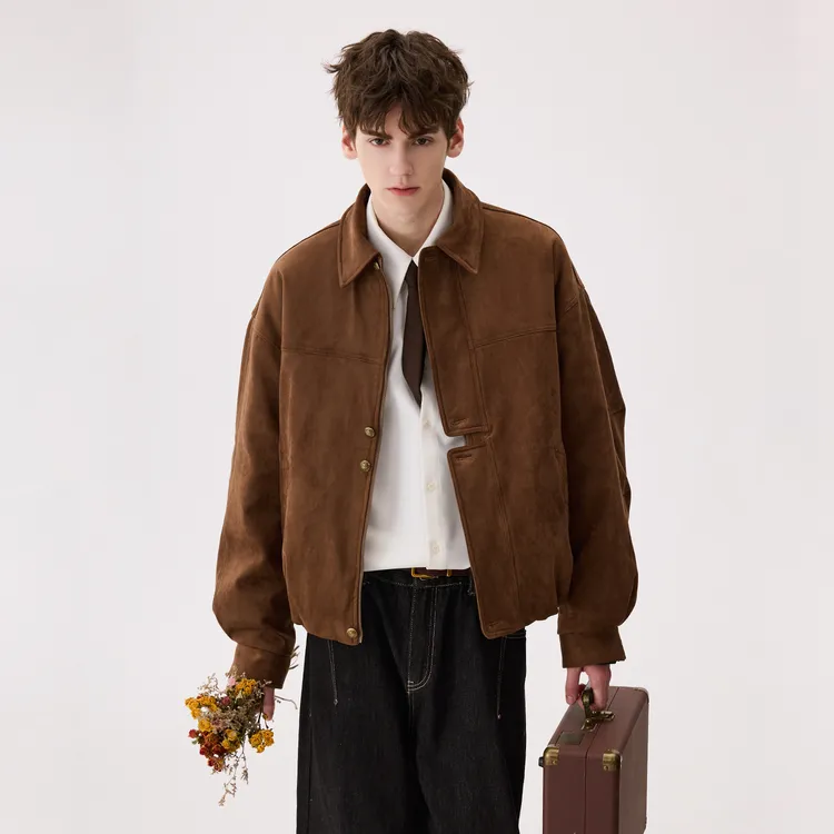 CHICERRO西西里男装高级感牛皮绒翻领男士春秋美式休闲复古宽松