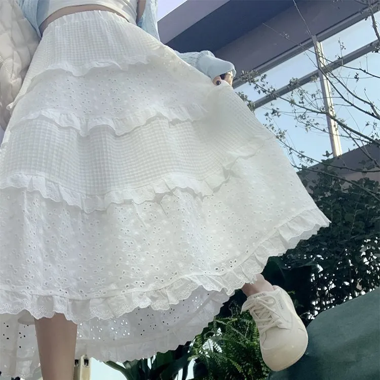 法式气质白色蕾丝花边半身裙女春夏新款休闲高腰显瘦小个子大裙