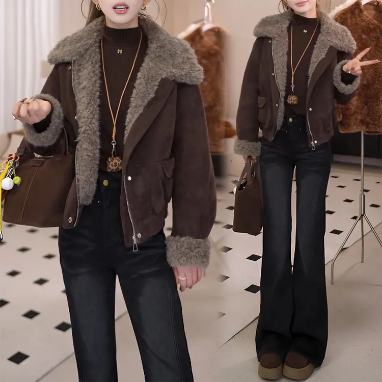 短款皮毛一体加绒加厚外套女秋冬季小个子时尚百搭羊羔毛夹克上衣