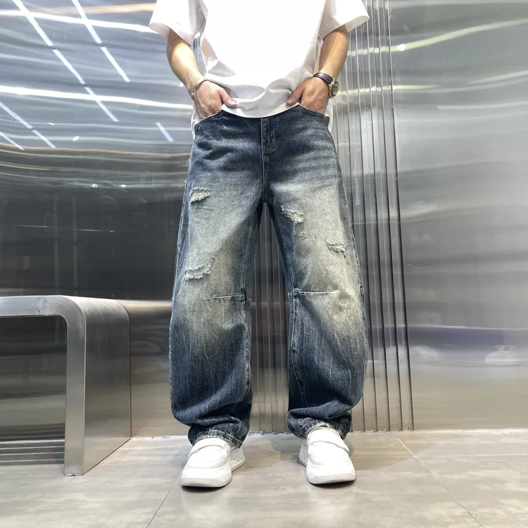 2025秋冬男士水洗破洞渐变牛仔裤秋季阔腿裤做旧弯刀裤宽松长裤