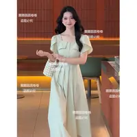 【现货】【卷卷自制】100%棉法式方领显瘦收腰果绿色连衣裙