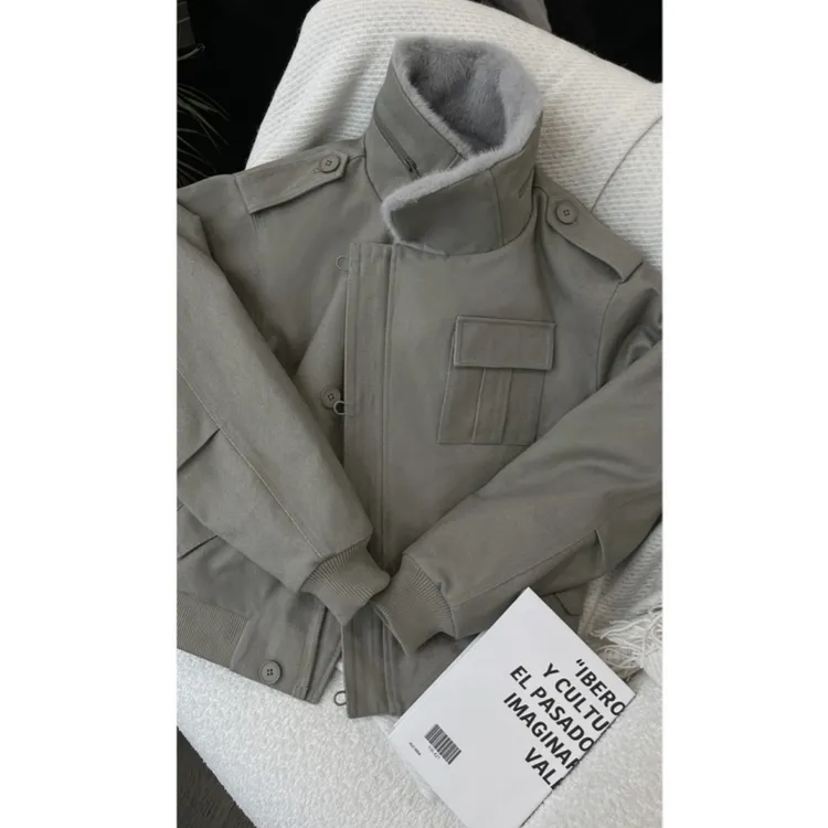 FANGWANG美式复古工装宽松加绒毛领保暖百搭立领夹克加厚外套