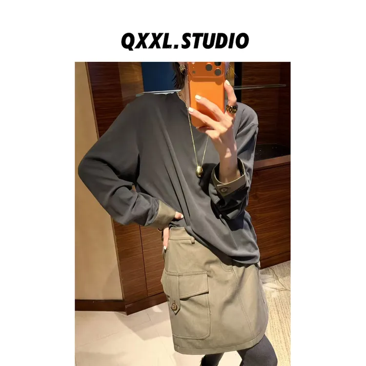 邱小小丽呀 秋季新款韩版工装风套装百搭拼色卫衣+半身裙两件套