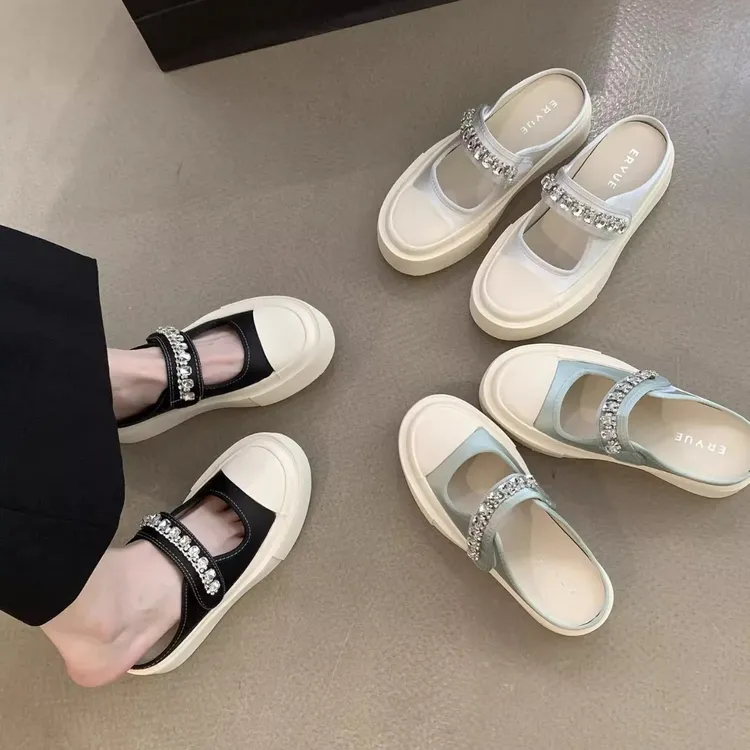 厚底包头半拖休闲鞋女夏季外穿水钻一字带魔术贴韩版5-6厘米百搭