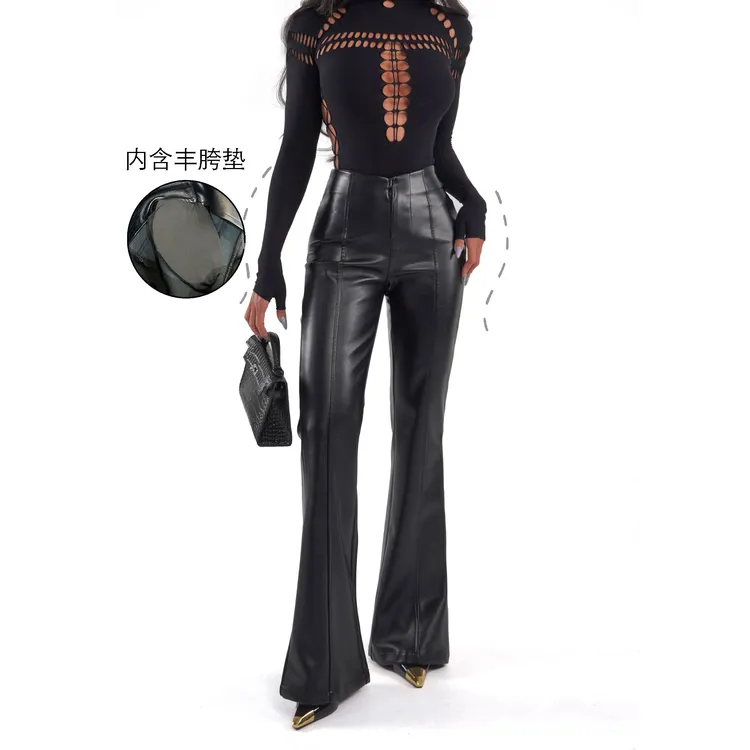 【蜜蜜家】松墨 欧美辣妹显瘦休闲黑色修身秋冬带丰胯垫皮裤 K073