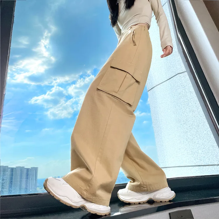 美式全棉工装裤女春秋2025款高腰显瘦宽松垂感休闲百搭运动阔腿裤