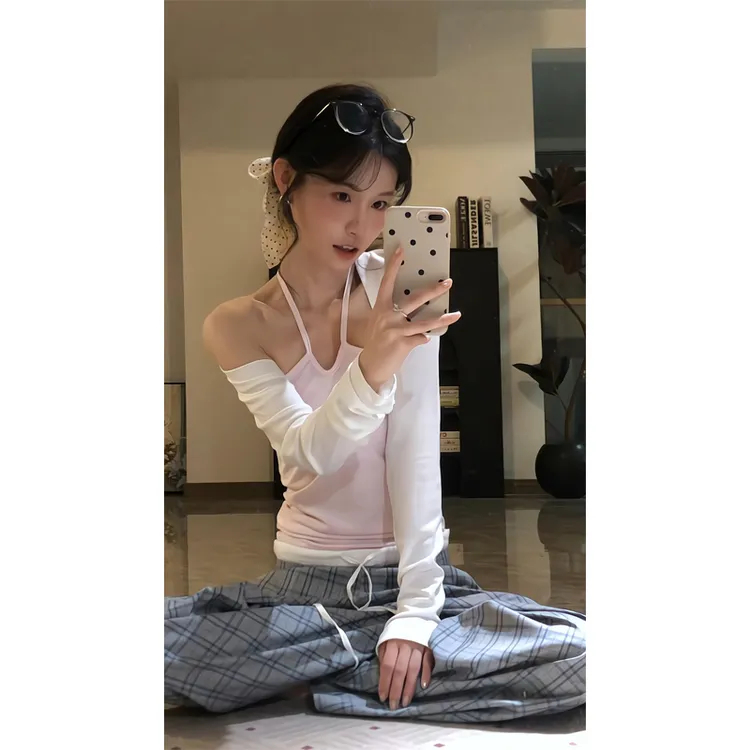 休闲慵懒套装粉色纯欲挂脖吊带背心内搭防晒开衫格纹宽松阔腿裤女