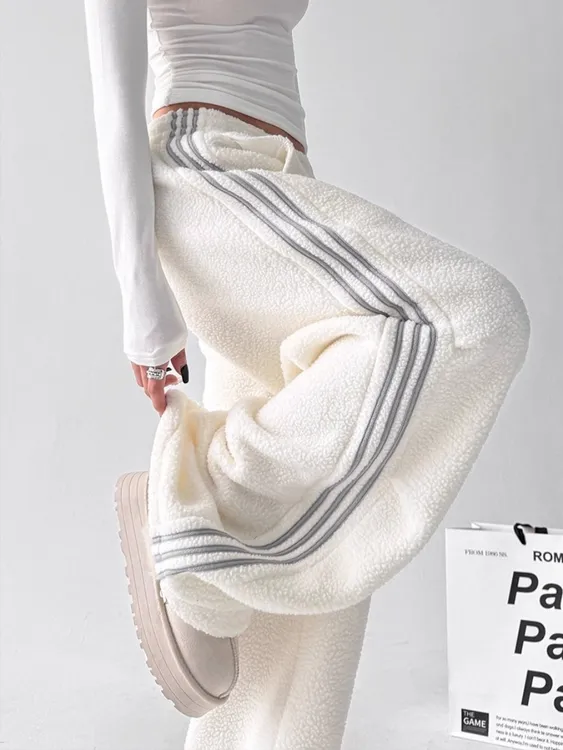 韩系慵懒风羊羔绒休闲卫裤女冬季加厚加绒保暖宽松阔腿条纹直筒裤