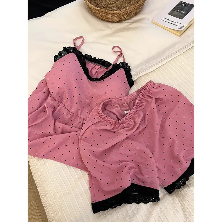 夏天甜美波点蕾丝边吊带睡衣女2025夏季新款大码短裤套装家居服夏