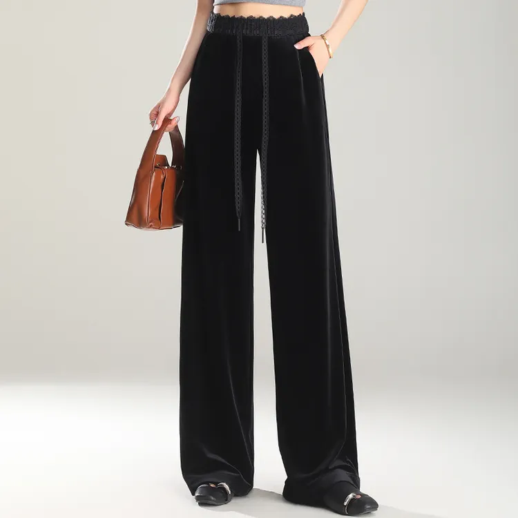 金丝绒阔腿裤女2025年秋冬季新款高腰休闲裤松紧腰直筒裤宽松长裤