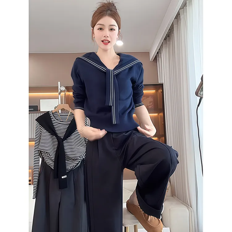 韩系海军领披肩毛衣针织衫女秋冬新款假两件小众修身显瘦短款上衣