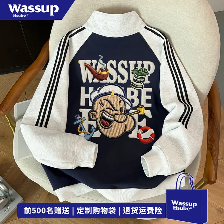 WASSUP HSUBE卡通动漫人物字母宽松外套男秋冬ins三条杠撞色卫衣