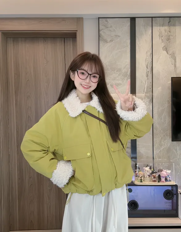 25108-羊羔毛翻领拼接2025冬季新款工装休闲加毛外套小个子百搭