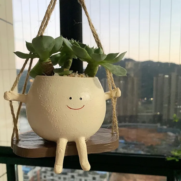 阳台花盆可爱笑脸装饰秋千盆栽装饰品庭院个性摆件花园创意