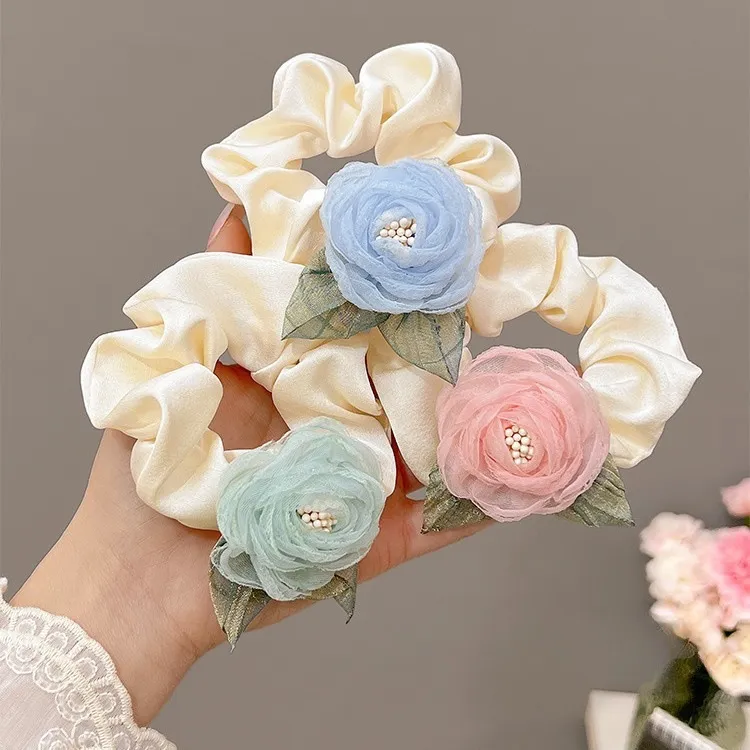 山茶花朵大肠发圈春季森系扎丸子头发绳橡皮筋高弹力马尾发绳头饰