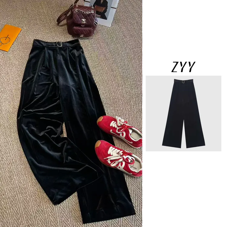 ZYY【落日剧场】2025S/S新品韩版丝绒高腰阔腿休闲裤女X25QXXK03727