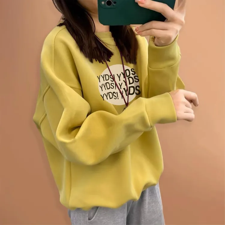 慵懒风圆领上衣百搭套头款学生套头卫衣秋冬季胖mm大码女装休闲风