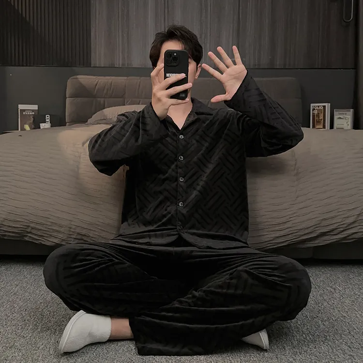 2025新款冬季男士睡衣海岛绒长袖开衫秋冬款珊瑚绒家居服保暖套装