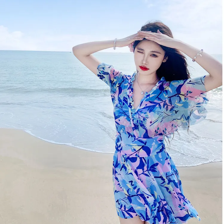 泳衣女微胖大码游泳衣女保守遮肚裙式分体温泉妈妈显瘦性感泳衣