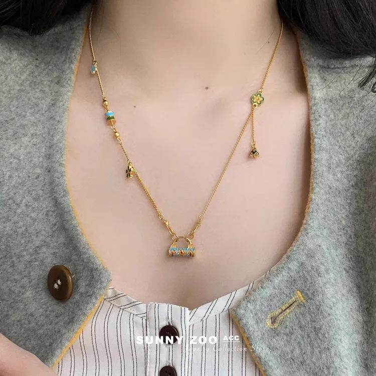 铜合金项链 繁花似锦 古法雕花平安锁项链新中式轻奢小清新锁骨链