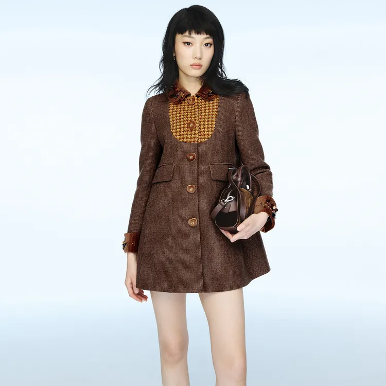 lefame拉飞姆2025秋季新款时尚琥珀流光撞色千鸟格长外套