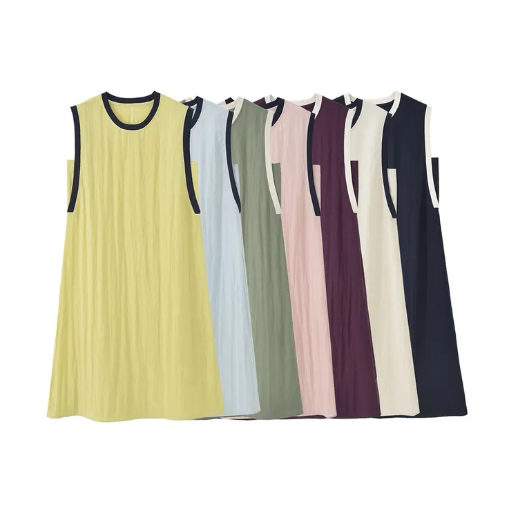 夏季新款撞色拼接天丝亚麻休闲百搭显瘦圆领连衣裙女24739