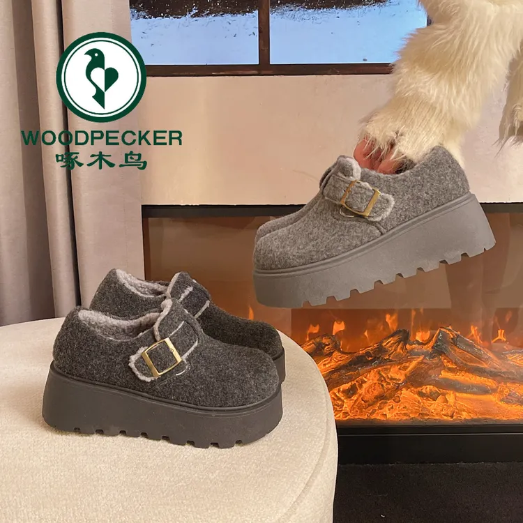 啄木鸟松糕厚底增高勃肯女鞋子加绒加厚雪地靴冬季爆款乐福棉鞋女