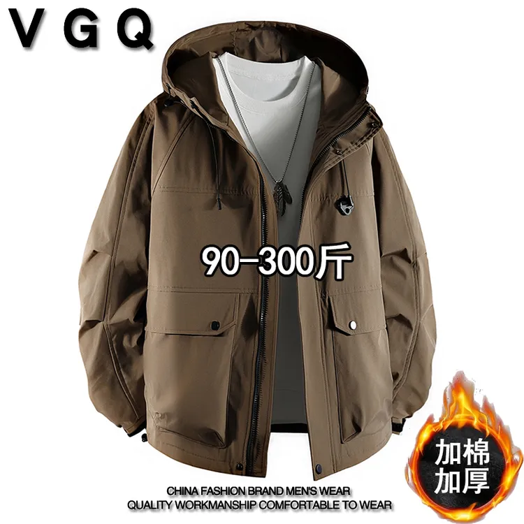 VGQ男士连帽工装风夹克秋冬季新款大码宽松胖子加棉加厚纯色外套